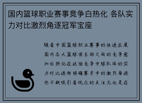 国内篮球职业赛事竞争白热化 各队实力对比激烈角逐冠军宝座