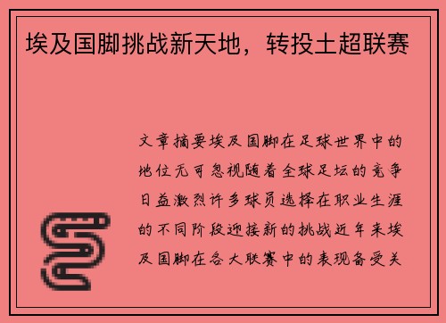 埃及国脚挑战新天地，转投土超联赛