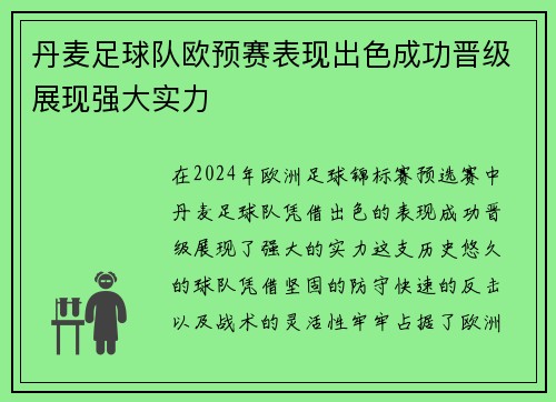丹麦足球队欧预赛表现出色成功晋级展现强大实力