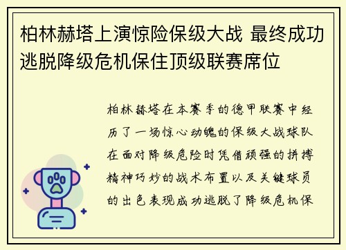 柏林赫塔上演惊险保级大战 最终成功逃脱降级危机保住顶级联赛席位