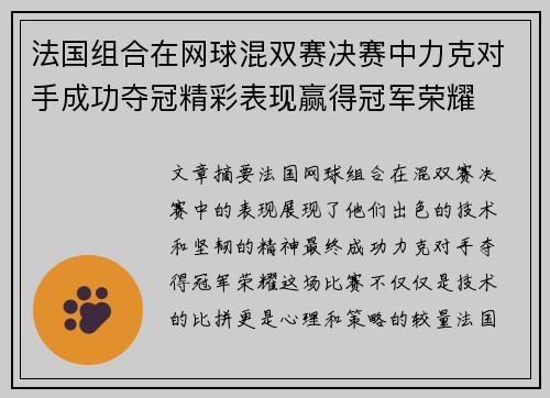 法国组合在网球混双赛决赛中力克对手成功夺冠精彩表现赢得冠军荣耀