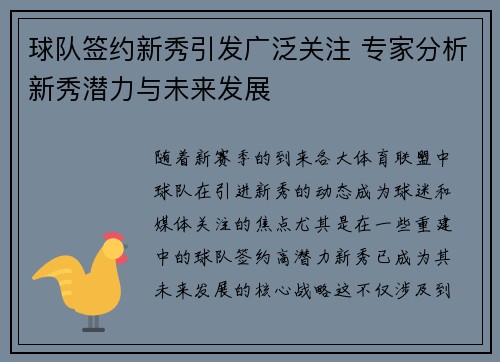 球队签约新秀引发广泛关注 专家分析新秀潜力与未来发展